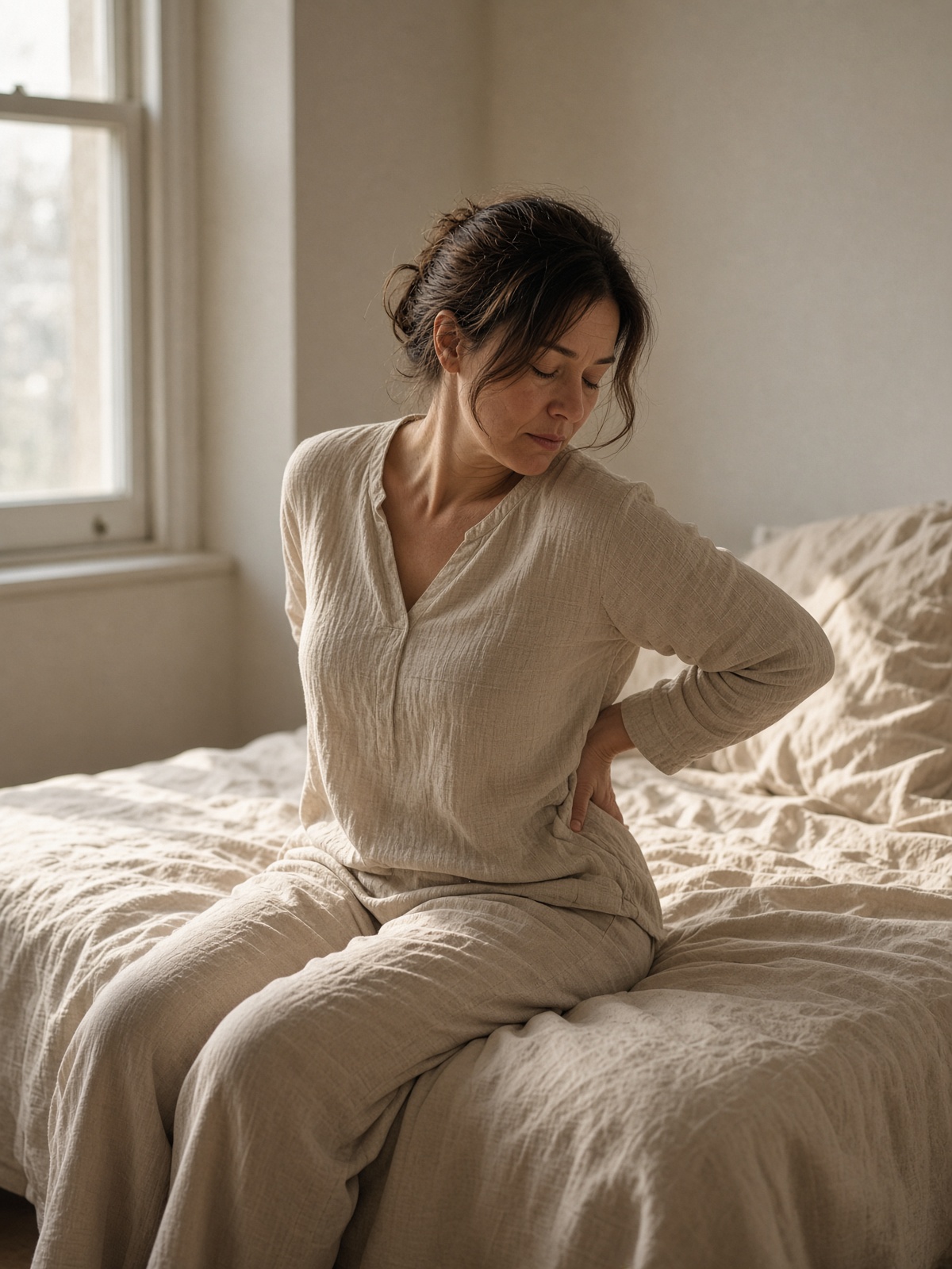 A woman sitting at dawn with a hand on her lower back