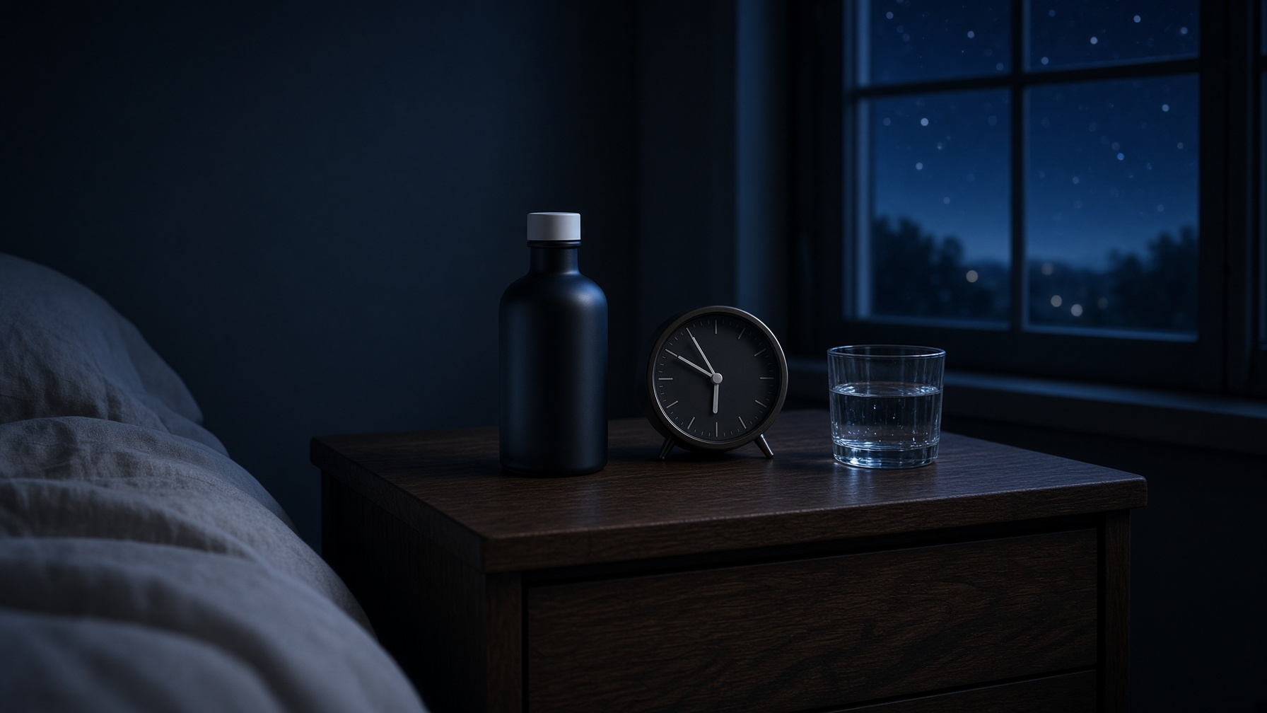Nightstand at the end of a night — bottle, clock, water
