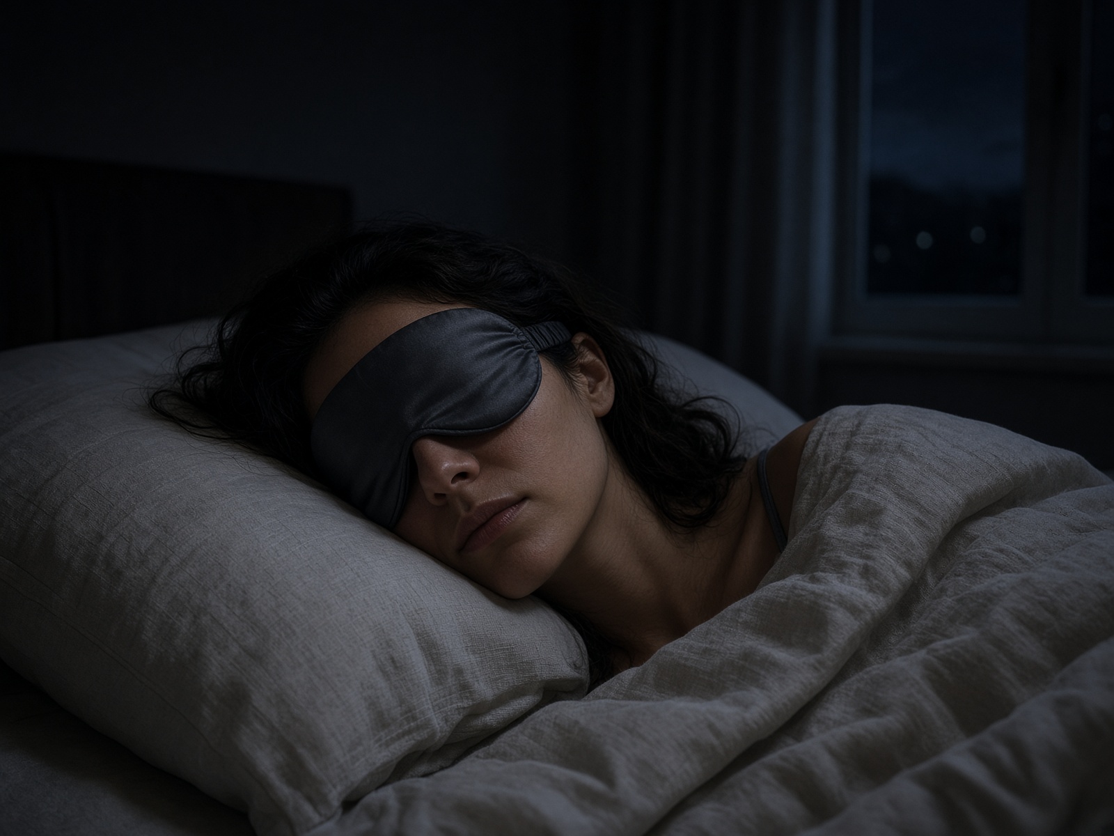 Woman asleep at night in a silk eye mask